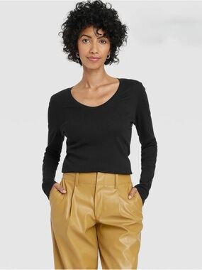 A New Day Black Ribbed Long Sleeve Classic Scoop Neck Top Size Medium
